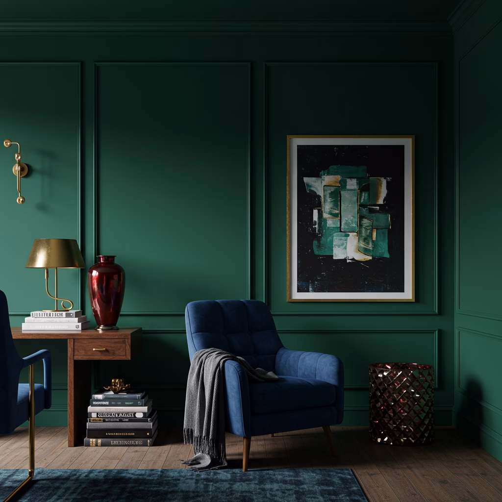 Interieur met juwelentinten en gedurfde kleuren