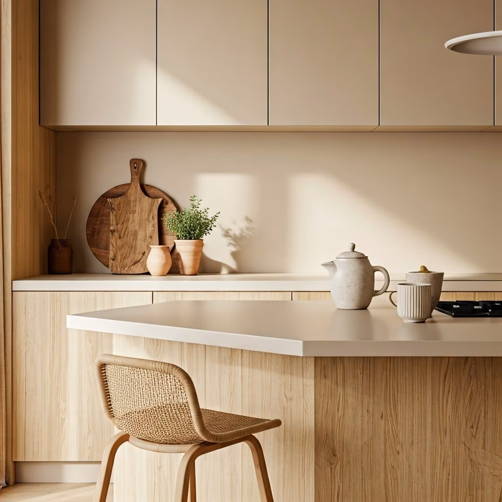 Een prachtig georganiseerd keukenblad met warm minimalistisch decor, houten accenten en neutrale tinten.