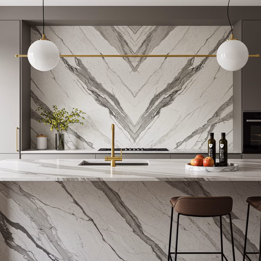 Een luxe keuken met een opvallende marmeren achterwand en eiland met dramatische adering.