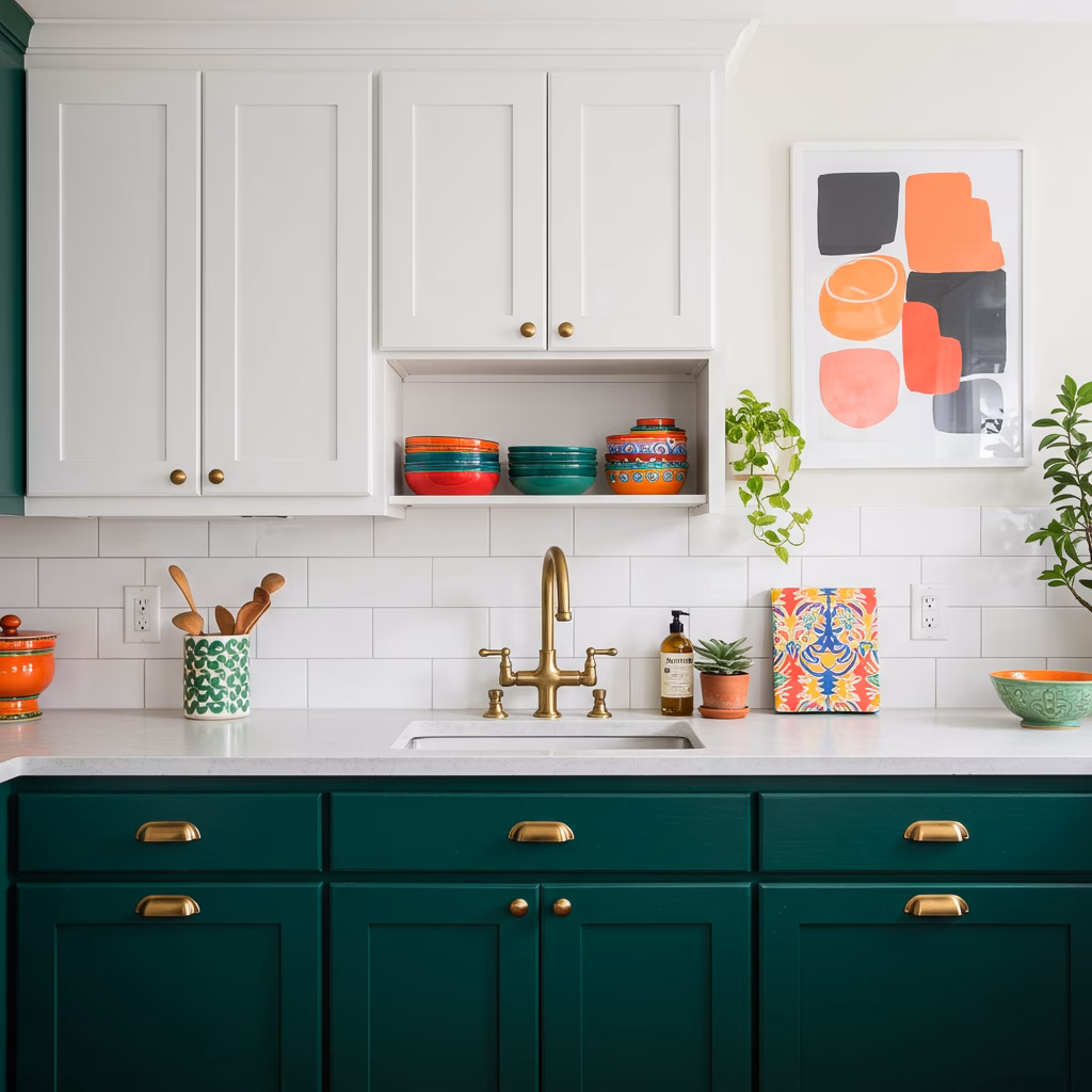 Een stijlvolle keuken met tweekleurige kastjes, diepgroene onderkasten en witte bovenkasten, geaccentueerd met kleurrijke accessoires.