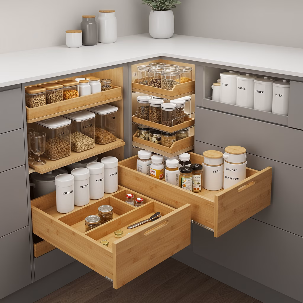 Een goed georganiseerde keukenvoorraadkast met chique opbergbakken, uittrekladen en duidelijke etikettering.