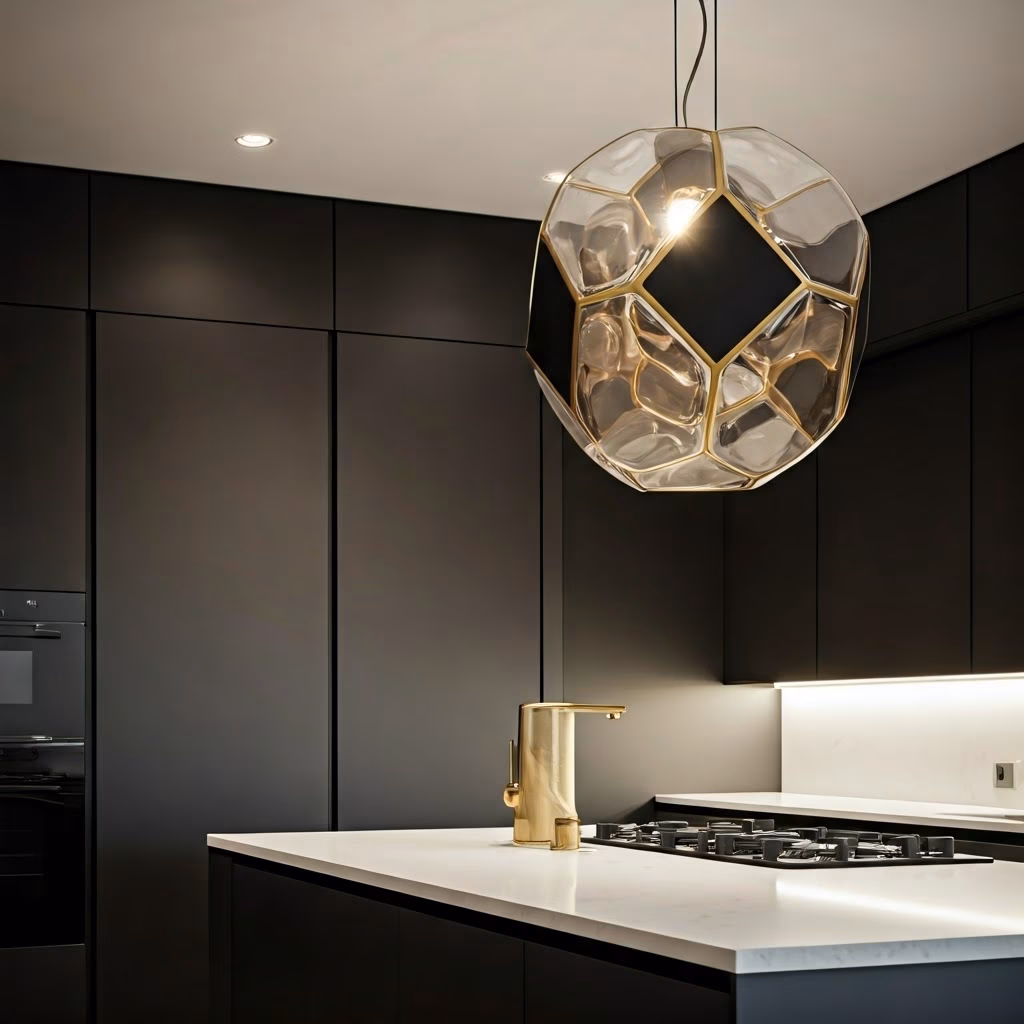 Een moderne keuken met een prachtige sculpturale hanglamp boven het eiland, die als artistiek middelpunt dient.