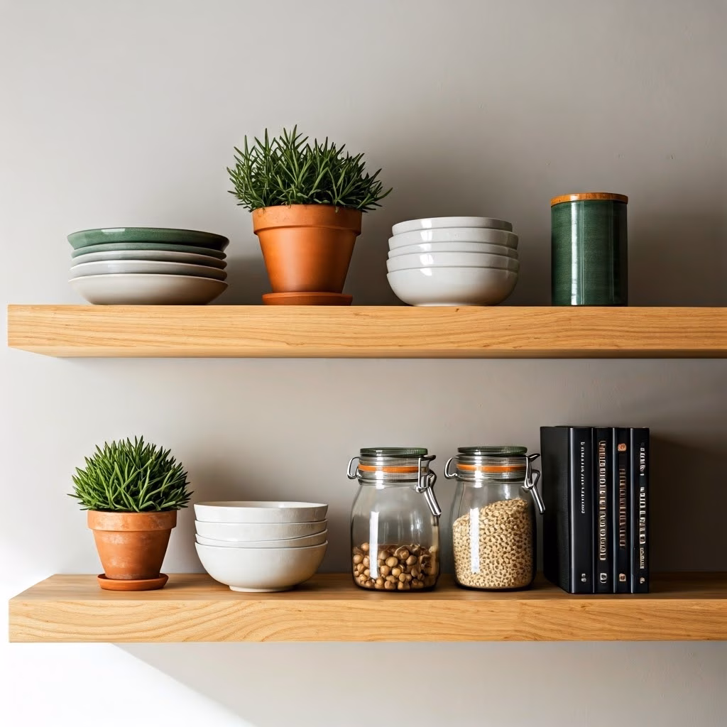 Stijlvol ingerichte open keukenplanken met een mix van praktische items en decoratieve objecten zoals keramische kommen en planten.